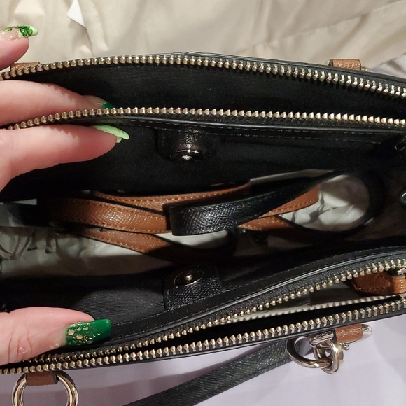 Coach Black Leather Satchel with Brown Handles and White Piping - Picture 3 of 4